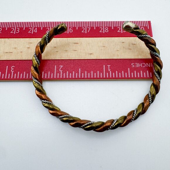 Vintage Copper Brass Silver Tone Twisted Cuff Bracelet Boho Torque Southwestern - Picture 9 of 9